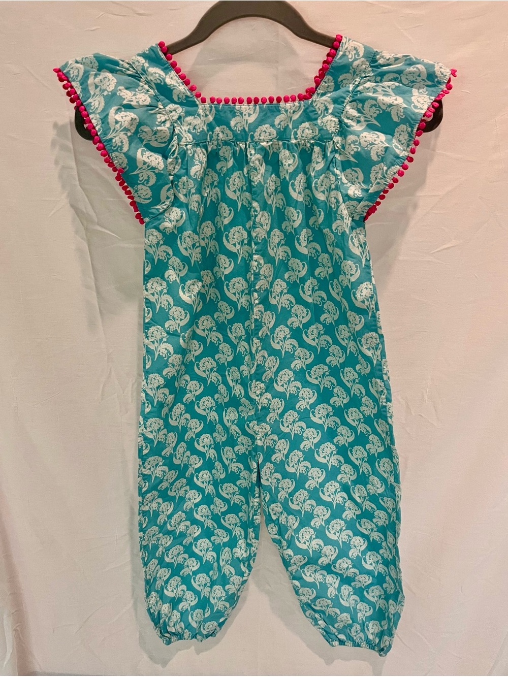 Mini Boden Teal, White Paisley Pom-Pom Girls Boho Romper Size 5-6 Boho smocked